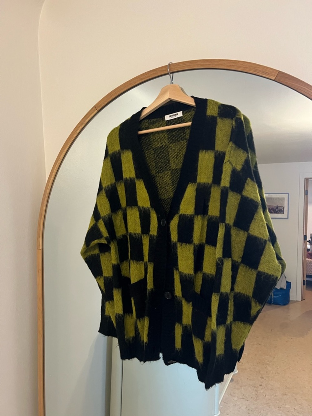 Daydream LA Checkerboard Button-Front Sweater Cardigan - Green/Black